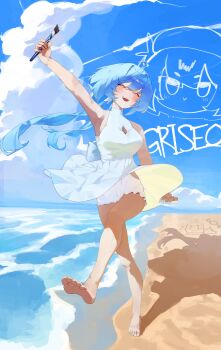1girl absurdres ahoge barefoot beach blue_hair blue_sky breasts cleavage cloud dress feet griseo griseo_(cosmic_expression) griseo_(starry_impression) hashtag-only_commentary highres holding holding_paintbrush honkai_(series) honkai_impact_3rd large_breasts long_hair nareusii ocean paintbrush shorts shorts_under_dress sky smile soles solo toes very_long_hair white_dress white_shorts