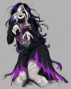 1girl absurdres black_bra black_choker black_eyeshadow black_hair bra bra_visible_through_clothes breasts choker commentary coulsart crazy dead_by_daylight emo_fashion english_commentary eyeshadow fingernails goth_fashion grey_background grey_eyes hair_over_one_eye heart heart_choker highres lipstick long_hair looking_at_viewer makeup mascara messy_hair multicolored_hair no_eyebrows pantyhose pointing pointing_at_viewer purple_hair purple_lips purple_nails purple_theme ribs runny_makeup sable_ward sharp_fingernails shrug_(clothing) signature skirt small_breasts smile solo streaked_hair torn_clothes torn_pantyhose torn_skirt two-tone_hair underwear white_hair white_streaks