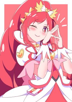 Rule 34 | 1girl, ;), absurdres, blush, border, bow, bright pupils, brooch, commentary, cure ace, dokidoki! precure, doyagao, furrowed brow, hair bow, hands up, heart, heart brooch, highres, jacket, jewelry, lipstick, long hair, looking at viewer, magical girl, makeup, medici collar, mixed-language commentary, notice lines, one eye closed, own hands together, parted bangs, pouch, precure, puffy short sleeves, puffy sleeves, red background, red eyes, red hair, red lips, red theme, ringlets, short bangs, short sleeves, side part, sidelocks, simple background, smile, smug, solo, steepled fingers, triangle hands, upper body, v-shaped eyebrows, white border, white jacket, white pupils, white wrist cuffs, wide ponytail, wrist cuffs, yellow bow, yuki nagisaa