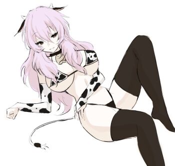 1girl animal_print bikini bikini_top_only breasts brown_eyes cleavage cow_girl cow_horns cow_print cow_print_bikini cow_tail highleg highleg_panties hiiragi_shinoa horns large_breasts leg_raise light_purple_hair long_hair owari_no_seraph panties print_bikini sitting smile solo swimsuit tail thighhighs underwear yuunoaboi21