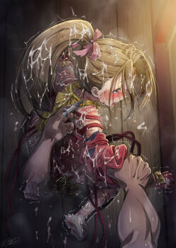 1girl ajula_wachula barefoot breasts brown_eyes brown_hair bruise clenched_teeth commission cum cum_on_body cum_on_hair cuts dirty drugs fingerless_gloves fujibayashi_suzu gloves grabbing_another&#039;s_arm highres injury jacket nipples ponytail pov pov_hands red_jacket rope_marks scarf sitting skeb_commission small_breasts solo syringe tales_of_(series) tales_of_phantasia teeth torn_clothes wariza yellow_scarf