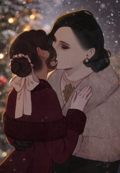 2girls alcina_dimitrescu black_hair blurry blurry_background brown_hair capcom christmas_tree closed_eyes coat earrings gloves hair_bun hair_ribbon jewelry kiss multiple_girls necklace resident_evil resident_evil_village ribbon snow vivi_llain yuri