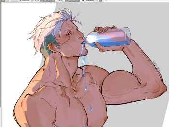 1boy absurdres arm_up art_program_in_frame bara beard_stubble biceps bottle collarbone commentary drinking facial_hair fingernails highres holding holding_bottle male_focus multicolored_hair muscular muscular_male nipples nude one_piece pectorals profile red_eyes scar scar_across_eye scar_on_chest scar_on_face sideburns smoker_(one_piece) solo spilling stubble two-tone_hair upper_body water water_bottle wesaier wet white_hair