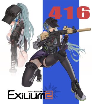 1girl aiming ass assault_rifle bare_shoulders black_hat black_leotard black_panties blue_hair blush bodysuit breasts cleavage clothes_pull cross expressionless facepaint from_side full_body girls&#039;_frontline girls&#039;_frontline_2:_exilium green_eyes gun h&amp;k_hk416 hair_ornament hairclip hands_up hat highres hk416_(girls&#039;_frontline) iron_cross jacket jacket_pull klukai_(girls&#039;_frontline_2) klukai_(speed_star)_(girls&#039;_frontline_2) knee_pads leotard light_frown long_hair looking_back lsv0920 magazine_(weapon) medium_breasts multiple_views panties ponytail rifle solo spread_legs squatting teardrop thighhighs underwear upshirt very_long_hair weapon white_bodysuit