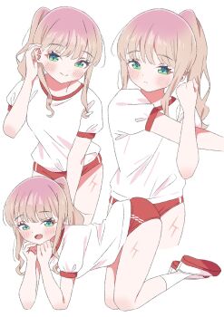 1girl blush breasts brown_hair buruma exercising green_eyes gridman_universe gym_shirt gym_uniform highres long_hair minami_yume open_mouth ponytail red_buruma scar scar_on_leg shirt sho_(shoshos_8888) smile ssss.dynazenon