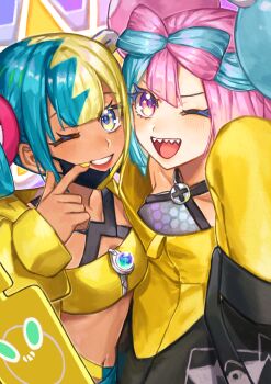 2girls 3ikurasan absurdres canari_(pokemon) highres iono_(pokemon) multicolored_hair multiple_girls open_mouth pokemon pokemon_legends:_z-a pokemon_sv sharp_teeth teeth two-tone_hair