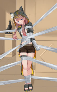 1852489 1girl absurdres arknights bandages bdsm black_jacket blue_eyes bondage bound breasts brown_hair brown_shorts commentary_request full_body highres hood hood_up indoors jacket mummification_(bound) pepe_(arknights) sandals shorts small_breasts solo statue thigh_strap