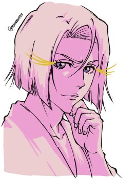 1boy ayasegawa_yumichika bleach commentary girly_boy hashtag-only_commentary highres light_smile limited_palette long_eyelashes looking_at_viewer male_focus nekoranten pink_theme portrait profile solo twitter_username