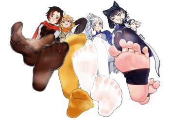 4girls absurdres artist_request blake_belladonna feet female_focus foot_focus highres looking_at_viewer multiple_girls no_shoes pantyhose ruby_rose rwby smile stirrup_legwear toeless_legwear toes weiss_schnee yang_xiao_long
