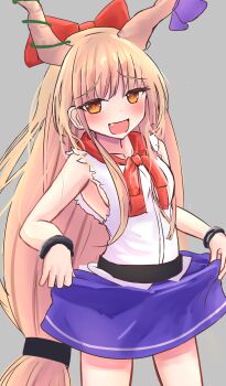 Rule 34 | 1girl, bissya314, bow, breasts, clothes lift, commentary request, cuffs, fang, hair bow, highres, horn ornament, horn ribbon, horns, ibuki suika, lifting own clothes, long hair, low-tied long hair, open mouth, orange eyes, orange hair, purple skirt, red bow, ribbon, shackles, shirt, sideboob, skirt, skirt lift, solo, torn clothes, torn sleeves, touhou, very long hair, white shirt