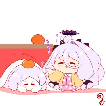 1girl :d =_= ahoge barefoot black_wings blue_archive blush brown_jacket chibi closed_eyes closed_mouth collared_shirt colored_shadow dress_shirt food food_on_head fruit grey_hair hair_between_eyes halo highres hina_(blue_archive) hina_(pajamas)_(blue_archive) horns jacket kotatsu kurukurumagical long_hair low_wings mandarin_orange object_on_head open_clothes open_jacket open_mouth outstretched_arm pajamas pink_pajamas pink_shirt pink_skirt polka_dot polka_dot_pajamas polka_dot_shirt polka_dot_skirt shadow shirt simple_background single_hair_intake skirt smile standing table translation_request under_kotatsu under_table very_long_hair wavy_mouth white_background wings