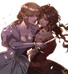 Rule 34 | 2girls, 5altybitter5, blade grab, breasts, brown hair, cleavage, closed mouth, copyright request, dagger, dress, floating hair, highres, holding, holding knife, jewelry, knife, long hair, multiple girls, necklace, pearl necklace, purple eyes, red dress, red eyes, shared necklace, simple background, smile, weapon, white background, white dress