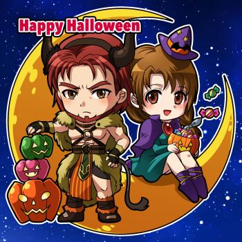 Rule 34 | 1boy, 1girl, akimiiiii, bare pectorals, cape, capelet, commentary request, couple, crescent, dorcas (fire emblem), dorcas (halloween) (fire emblem), facial hair, fire emblem, fire emblem: the blazing blade, fire emblem heroes, fur cape, fur capelet, halloween, halloween bucket, halloween costume, hetero, highres, jack-o'-lantern, natalie (fire emblem), nintendo, pectorals, red facial hair