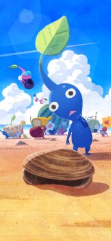 amelicart banana banana_slice beach black_eyes black_skin blue_eyes blue_flower blue_pikmin blue_skin blue_sky blueberry carrying cherry clam cloud colored_skin creature creature_focus day fish flower flower_pot flying food fruit game_cg hand_on_own_chin head_tilt highres holding holding_food holding_fruit insect_wings leaf light_particles looking_at_animal melon nintendo no_humans no_mouth ocean official_art outdoors oversized_food oversized_object pikmin_(creature) pikmin_(series) pikmin_bloom pink_skin pointy_nose red_eyes red_pikmin red_skin rock rock_pikmin shadow sky solid_circle_eyes sprout standing triangle_mouth watermelon white_pikmin white_skin winged_pikmin wings yellow_flower