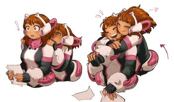 2girls black_bodysuit blush bodysuit boku_no_hero_academia breasts brown_eyes brown_hair fingerless_gloves gloves holding holding_paper hug hug_from_behind large_breasts lia_(miauiz) multicolored_bodysuit multiple_girls open_mouth paper pink_bodysuit smile superhero_costume teeth toga_himiko tongue tongue_out upper_teeth_only uraraka_ochako uraraka_ochako_(hero_outfit) white_bodysuit yellow_eyes yuri