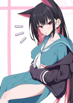 alternate_costume alternate_hair_length alternate_hairstyle animal_ears black_hair black_jacket blue_archive cat_ears cat_girl colored_inner_animal_ears colored_inner_hair crop_top delinquent extra_ears halo hands_in_pockets highres hood hoodie jacket kazusa_(blue_archive) long_hair looking_at_viewer mizuki_(kogetsu-tei) multicolored_hair neckerchief pink_hair pink_halo red_eyes side_slit sitting sukeban two-tone_hair white_neckerchief