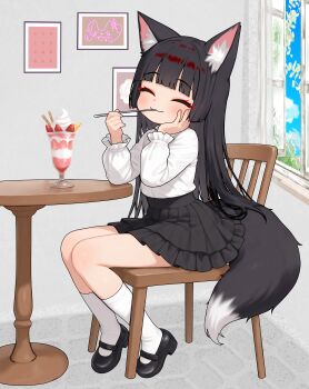 1boy ^_^ absurdres animal_ears black_hair black_shoes black_skirt blouse chair closed_eyes commentary_request cup drinking_glass eating food fox_boy fox_ears fox_tail full_body hand_on_own_cheek hand_on_own_face happy highres holding holding_spoon indie_virtual_youtuber itsuki_tsukumo_(artist) itsuki_tsukumo_(vtuber) long_hair mary_janes miniskirt parfait parfait_glass round_table shirt shoes sitting skirt smile socks spoon strawberry_parfait table tail trap utensil_in_mouth virtual_youtuber white_shirt white_socks wooden_table