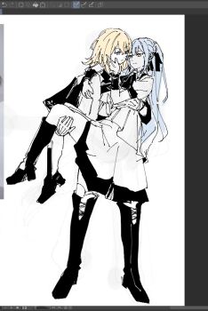 2girls arms_around_neck art_program_in_frame bang_dream! bang_dream!_it's_mygo!!!!! black_ribbon blonde_hair blue_hair boots carrying closed_mouth commentary_request doloris_(bang_dream!) hair_ribbon hand_on_another's_face highres long_hair medium_hair misumi_uika multiple_girls oblivionis_(bang_dream!) princess_carry purple_eyes ribbon sen_jin_chen smile thigh_boots togawa_sakiko two_side_up yellow_eyes yuri