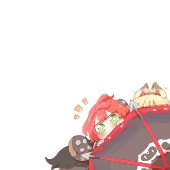 1other 2girls alice_thymefield animal animal_ear_fluff animal_ears blonde_hair blush commentary_request green_eyes hearing_aid hiding kamanosuke_(zenless_zone_zero) looking_at_viewer multiple_girls notice_lines peeking rabbit_ears rabbit_girl raccoon raccoon_tail rebecca_(keinelove) red_hair red_umbrella simple_background tail tanuki ukinami_yuzuha umbrella white_background zenless_zone_zero