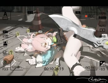 1girl ahoge animal_ear_fluff animal_ear_piercing animal_ears animal_feet anklet battery_indicator braid braided_twintails carrot chalk_outline convenient_censoring dated evidence_markers furry furry_female green_shirt highres jewelry letterboxed loli long_hair neko_blow no_panties one_eye_closed open_mouth outdoors pink_fur pink_hair rabbit_ears rabbit_girl recording red_eyes shirt signature solo spread_legs sword traffic_cone viewfinder weapon zenless_zone_zero zhao_(zenless_zone_zero)