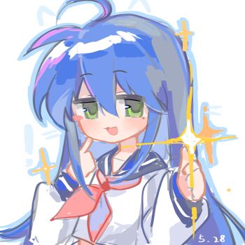 ! 1girl :d ahoge blue_hair blue_sailor_collar blush_stickers chinese_commentary commentary_request dated double-parted_bangs green_eyes hair_between_eyes highres izumi_konata jitome long_hair long_sleeves looking_at_viewer lucky_star mole mole_under_eye neckerchief open_mouth pointing pointing_at_self red_neckerchief ryouou_school_uniform sailor_collar school_uniform shang_bu shirt smile solo sparkle thumbs_up upper_body white_background white_shirt