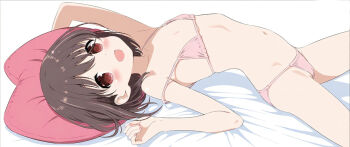 1girl arched_back bed_sheet bikini blush breasts brown_eyes child cowboy_shot flat_chest head_on_pillow hip_bones kobayashi_ritz loli looking_at_viewer lying medium_hair navel non-web_source on_back on_bed open_mouth petite pillow pink_bikini red_pillow ribs saki_(manga) shinohayu_the_dawn_of_age shiratsuki_shino skinny smile string_bikini swimsuit white_background