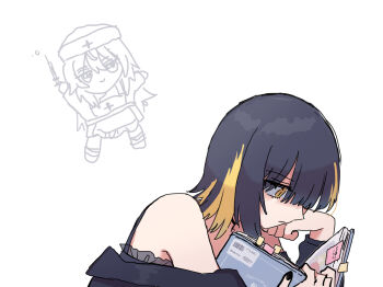 Rule 34 | 1girl, aketa mikoto, black hair, black nails, blonde streaks, book, chibi, closed mouth, commentary request, expressionless, fingernails, gel p, holding, holding syringe, idolmaster, idolmaster shiny colors, ikaruga luca, medium hair, multicolored hair, nail polish, nurse, open book, reading, simple background, streaked hair, syringe, white background, yellow eyes