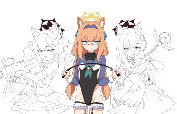 3girls 686panda 686panda blue_archive glasses groin mari_(blue_archive) multiple_girls orange_hair shimiko_(blue_archive) shimiko_(magical)_(blue_archive) simple_background tagme white_background