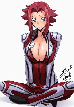 1girl absurdres blue_eyes bodysuit breasts cleavage code_geass commentary_request dated flipped_hair full_body highres indian_style kouzuki_kallen large_breasts lips looking_at_viewer mecha_pilot_suit open_bodysuit open_clothes red_bodysuit red_hair short_hair signature simple_background sitting skin_tight smile solo white_background yoo_tenchi