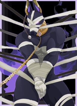 1boy absurdres animal_ears ankh bandaged_arm bandaged_chest bandaged_head bandages bara bdsm biceps black_background black_fur bondage border bound bound_arms bound_legs chain collar commentary covering_crotch covering_privates crack cracked_glass dislyte drew_(anubis)_(dislyte) english_commentary furry furry_male highres jackal_boy jackal_ears jewelry looking_at_viewer male_focus monocle muscular muscular_male pectoral_cleavage pectorals weskers white_border