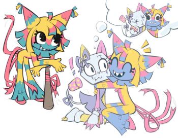! 2girls :3 :d ^_^ animal_ears arms_at_sides bare_legs baseball_bat bead_bracelet beads bent_over black_eyes black_mouth blonde_hair blue_fur blue_hair blue_horns blue_leg_warmers blunt_bangs blunt_ends blunt_sidelocks blush_stickers bracelet cat_ears cat_girl cheek-to-cheek claws closed_eyes closed_mouth colored_skin commentary cup dandy's_world dress english_commentary fewer_digits fingerless_gloves flat_chest flipped_hair full_body furry furry_female gloves hair_between_eyes heads_together highres horns hug imminent_kiss interlocked_fingers jewelry kneeling leg_warmers looking_ahead looking_at_another looking_up marshmarush multicolored_hair multiple_girls multiple_tails multiple_views neck_ruff no_eyebrows no_nose notice_lines official_alternate_color official_alternate_costume open_mouth own_hands_clasped own_hands_together pink_fur pink_hair pink_horns pink_ribbon pink_shoes pink_skin pink_tail pout purple_dress purple_ribbon ribbon roblox scar_across_eyes scraps_(dandy's_world) sharp_teeth shoes short_dress short_hair sidelocks simple_background single_blush_sticker sitting sleeveless sleeveless_dress smile speech_bubble standing streaked_hair striped_fur striped_horns tail tail_ornament tail_ribbon tareme teeth thought_bubble u_u upper_teeth_only wall-eyed white_background white_shoes white_skin wide-eyed yatta_(dandy's_world) yellow_fur yellow_skin yuri
