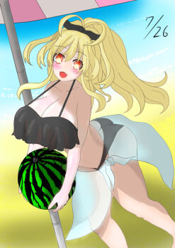 bare_shoulders beach bikini blonde_hair breasts choujigen_game_neptune_re;birth_3 cleavage cloud feet food fruit happy knees konkon2828 large_breasts long_hair melon midriff neptune_(series) neptunia_(seires) open_mouth pish ponytail ribbon sand sky swimsuit thighs umbrella very_long_hair watermelon yellow_eyes yellow_heart_(neptunia)