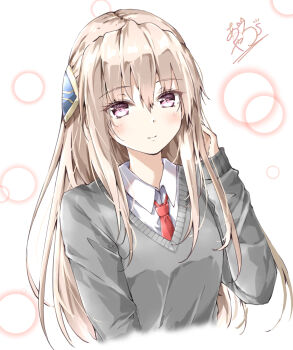 Rule 34 | 1girl, absurdres, alternate costume, ayaro (genkiloobaii), blonde hair, blush, bright pupils, closed mouth, collared shirt, commentary, cropped torso, eyelashes, eyes visible through hair, grey sweater, hair between eyes, hair ornament, hand up, heaven burns red, highres, long hair, looking at viewer, necktie, pink eyes, red necktie, school uniform, shirakawa yuina, shirt, signature, simple background, sleeves past wrists, smile, solo, split mouth, sweater, upper body, very long hair, white background, white pupils, white shirt