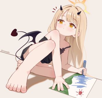 1girl bare_arms bare_legs bare_shoulders barefoot black_chemise black_horns black_tail blonde_hair blue_archive chemise commentary crayon demon_girl demon_horns demon_tail demon_wings dutch_angle halo highres horns ibuki_(blue_archive) long_hair solo sseopik symbol-only_commentary tail wings yellow_eyes yellow_halo