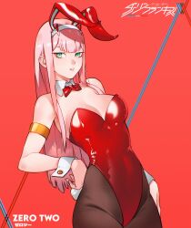 Rule 34 | 1girl, alternate costume, animal ears, armlet, bare shoulders, bow, bowtie, breasts, brown pantyhose, cesar art456, character name, commentary, commentary request, copyright name, darling in the franxx, detached collar, english commentary, fake animal ears, fake tail, green eyes, hairband, highleg, highleg leotard, highres, horns, large breasts, leotard, long hair, looking at viewer, pantyhose, parted lips, pink background, pink hair, playboy bunny, rabbit ears, rabbit tail, red bow, red bowtie, red horns, red leotard, solo, strapless, strapless leotard, tail, teeth, very long hair, white hairband, white wrist cuffs, wrist cuffs, zero two (darling in the franxx)