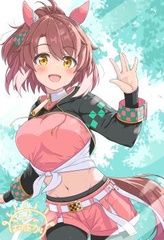 1girl animal_ears black_pantyhose black_shrug blush brown_hair dantsu_flame_(center_spotlight)_(umamusume) dantsu_flame_(umamusume) ear_covers gamyuu_(gamyu) hair_between_eyes highres horse_ears horse_girl horse_tail long_hair navel open_mouth pantyhose pink_shirt pink_shorts ponytail shirt shorts shrug_(clothing) sidelocks solo stomach sweat tail tied_shirt umamusume yellow_eyes