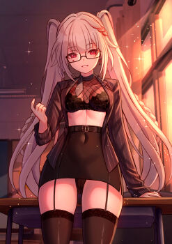 1girl absurdres black_bra black_garter_straps black_jacket black_panties black_thighhighs bra classroom cosplay covered_erect_nipples desk garter_straps glasses goddess_of_victory:_nikke highres honkai:_star_rail honkai_(series) indoors jacket jimpu6 long_hair looking_at_viewer midriff panties parted_lips pencil_skirt privaty_(nikke) privaty_(nikke)_(cosplay) privaty_(sharp_lesson)_(nikke) purple_eyes school_desk skirt solo sparkle_(honkai:_star_rail) sparxie_(honkai:_star_rail) thighhighs thighs twintails underwear very_long_hair white_hair zettai_ryouiki