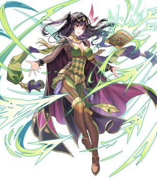 1girl argyle_clothes attack black_cape black_eyes black_hair bodystocking book boots breasts bridal_gauntlets brown_boots cape circlet cleavage cosplay energy expressionless feather_hair_ornament feathers female_focus fire_emblem fire_emblem_awakening fire_emblem_heroes hair_ornament highres hime_cut holding holding_book large_breasts long_hair matching_hair/eyes nintendo noire_(fire_emblem) noire_(fire_emblem)_(cosplay) non-web_source official_art open_book open_mouth smile solo tharja_(fire_emblem) tharja_(gloomy_mage)_(fire_emblem) two_side_up wind