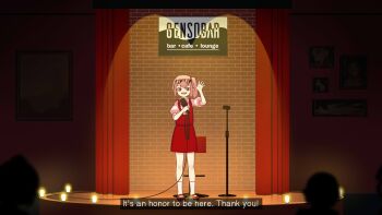 1girl ascot bar_(place) bar_stool blonde_hair brick_wall collared_shirt commentary english_text eyewear_on_head flandre_scarlet goodbye highres holding holding_microphone mary_janes microphone one_side_up pointy_ears puffy_short_sleeves puffy_sleeves curtains red_footwear red_skirt red_vest shirt shoes short_hair short_sleeves silhouette skirt socks stage standing stool symbol-only_commentary touhou vest waving white_shirt white_socks wings yellow_ascot yoruny