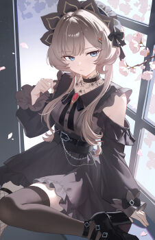 1girl :| absurdres alternate_costume asymmetrical_legwear black_bow black_dress black_shoes black_thighhighs blue_eyes bow breasts brown_hair closed_mouth clothing_cutout commentary_request dress fishnet_thighhighs fishnets gem genshin_impact hand_up high_heels highres long_sleeves medium_breasts mismatched_legwear mismatched_thighhighs red_gem sandrone_(genshin_impact) shoes short_hair_with_long_locks shoulder_cutout sitting solo thighhighs varlyn