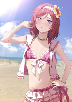1girl bare_shoulders beach bead_bracelet bead_necklace beads bikini bikini_skirt blue_sky blush bracelet breasts cloud commentary_request cropped_jacket day flower frilled_bikini frilled_skirt frills front-tie_bikini_top front-tie_top hair_flower hair_ornament hairband hand_on_own_hip highres horizon jacket jewelry love_live! love_live!_school_idol_project medium_hair navel necklace nishikino_maki ocean open_clothes open_jacket outdoors parted_lips pink_bikini purple_eyes red_hair sand shamakho skirt sky small_breasts solo swimsuit water white_hairband white_jacket white_skirt