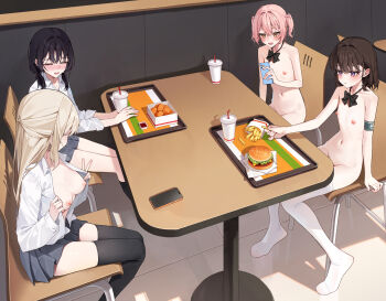 4girls armband black_bow black_bowtie black_hair black_skirt black_thighhighs blonde_hair booth_seating bow bowtie breasts brown_hair burger casual_nudity change_in_common_sense chewing chicken_nuggets exhibitionism fast_food flat_chest food french_fries full_body highres indoors ketchup long_sleeves looking_at_another medium_breasts multiple_girls naked_school_attendance nipples nude open_clothes open_mouth open_shirt original pink_hair pleated_skirt public_indecency purple_eyes school_uniform shirt sitting skirt smile thighhighs v white_shirt white_thighhighs xiao_lin_jiu yellow_eyes zenra