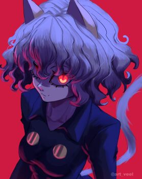 1girl absurdres animal_ears art_veel breasts cat_ears cat_girl cat_tail closed_mouth commentary eyelashes from_above genderswap genderswap_(otf) glowing glowing_eyes hashtag-only_commentary highres hunter_x_hunter looking_at_viewer neferpitou red_background red_eyes short_hair simple_background slit_pupils small_breasts smile solo tail wavy_hair white_hair