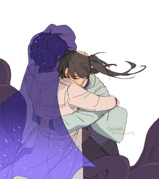 1boy 1girl absurdres arm_around_back black_hair black_shirt cloak closed_eyes coat criteria feet_out_of_frame from_above green_jacket hand_on_another&#039;s_head highres hood hood_down hood_up hooded_cloak hug jacket omniscient_reader&#039;s_viewpoint open_clothes open_coat secretive_plotter see-through_clothes shirt short_hair short_twintails starry_sky_print tentacles twintails white_coat yoo_joonghyuk yoo_mia