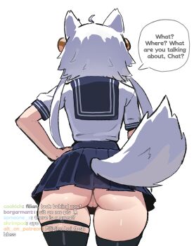 1girl absurdres ahoge animal_ears ass black_thighhighs blue_sailor_collar blue_skirt cat_ears cat_girl cat_tail chat_log clueless cowboy_shot double_horizontal_stripe english_text filian_(vtuber) from_behind hair_ornament hand_on_own_hip highres indie_virtual_youtuber livestream long_hair miniskirt no_panties patreon_username pear-shaped_figure pleated_skirt pussy sailor_collar shirt shirt_tucked_in short_sleeves simple_background skindentation skirt solo speech_bubble straight_hair tail thighhighs virtual_youtuber watermark web_address wersman white_background white_hair white_shirt wide_hips zettai_ryouiki