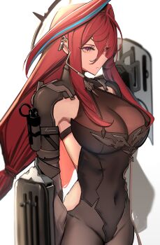 1girl 360_(taiyo360) absurdres arknights arknights:_endfield bodystocking breasts cleavage closed_mouth commentary covered_erect_nipples cowboy_shot ember_(arknights) groin hair_between_eyes highres large_breasts long_bangs long_hair looking_ahead microphone multicolored_eyes purple_eyes red_hair solo standing two-tone_eyes yellow_eyes