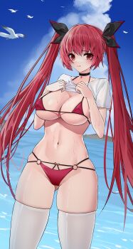 1girl absurdres alternate_breast_size_(larger) azur_lane bikini bird black_choker black_ribbon breasts cameltoe choker clothes_lift date_a_live groin hair_ribbon highres itsuka_kotori itsuka_kotori_(waterside_goddess) kitohosi large_breasts long_hair looking_at_viewer micro_bikini navel o-ring o-ring_bikini official_alternate_costume outdoors pout red_bikini red_eyes red_hair ribbon seagull shirt shirt_lift skindentation solo stomach swimsuit thighhighs twintails water wet wet_clothes wet_shirt white_shirt white_thighhighs