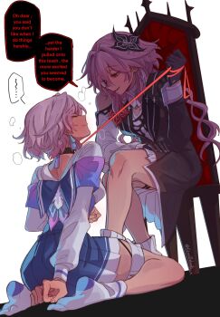 2girls bare_shoulders black_choker black_dress black_gloves blue_skirt blush cesar_zebrah chair choker commentary dress english_commentary evernight_(honkai:_star_rail) flower gloves hair_flower hair_ornament highres holding holding_leash honkai:_star_rail honkai_(series) kneeling leash long_sleeves march_7th_(honkai:_star_rail) multiple_girls on_chair pink_hair skirt socks white_socks yuri