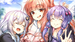 3girls :d ^_^ ahoge ajishio bare_shoulders black_jacket blunt_bangs blush breasts closed_eyes collarbone commentary_request day drawstring facing_viewer frills fur_trim hair_ornament highres jacket kizuna_akari kotonoha_akane large_breasts long_hair looking_at_viewer multiple_girls open_clothes open_jacket open_mouth outdoors ponytail purple_hair red_eyes red_hair red_ribbon ribbon short_hair_with_long_locks sidelocks silver_hair smile sweat upper_body vocaloid voiceroid w yuzuki_yukari