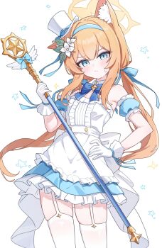 1girl absurdres arm_scrunchie bare_shoulders blue_archive blue_eyes blue_headband blue_ribbon collar commentary detached_collar dress flower frilled_dress frills furrowed_brow gloves hair_flower hair_ornament halo hand_on_own_hip hat headband highres holding holding_staff looking_at_viewer low_twintails magical_girl mari_(blue_archive) mini_hat mini_top_hat nonddu orange_hair ribbon simple_background skindentation solo staff sweatdrop symbol-only_commentary thigh_strap thighhighs top_hat twintails white_background white_collar white_flower white_gloves white_hat white_ribbon white_thighhighs yellow_halo zettai_ryouiki